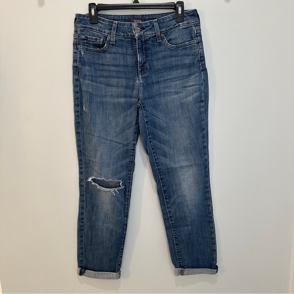 NYDJ Stretch Boyfriend Jeans 4 Lift Tuck Mid Rise Medium Wash Distressed Denim